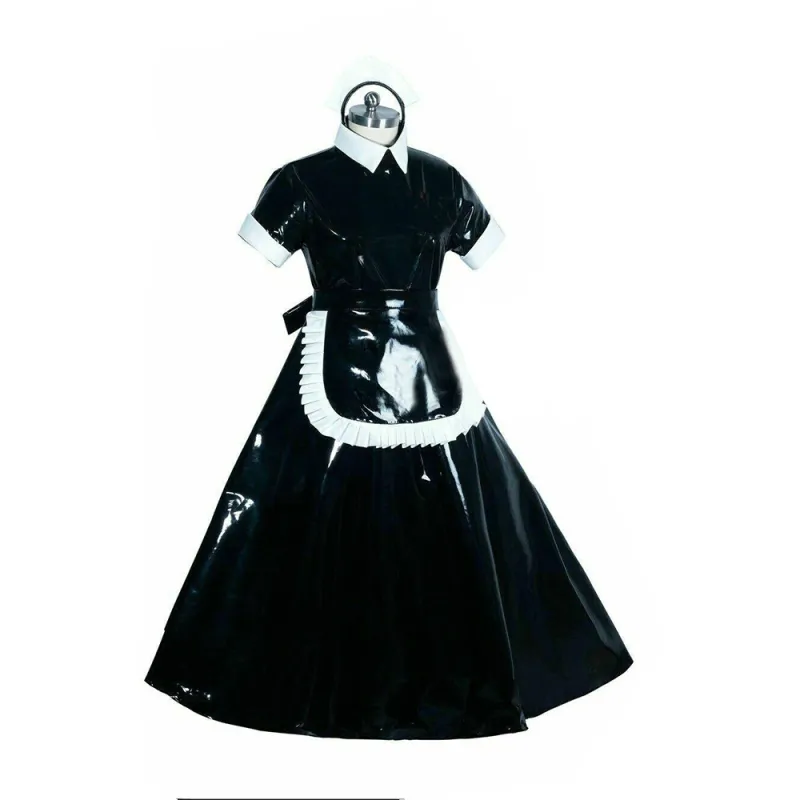Lockable PVC French Maid Cosplay Short Sleeve Turtleneck Long Dress with Apron Maid Servant Outfit Rave Club Costumes Role Play