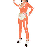 Sexy Clubwear Hollow Out Ruffles Neck Maid Jumpsuit with Apron Womens Mens Shiny PVC French Maid Uniforms Exotic Cosplay Costume