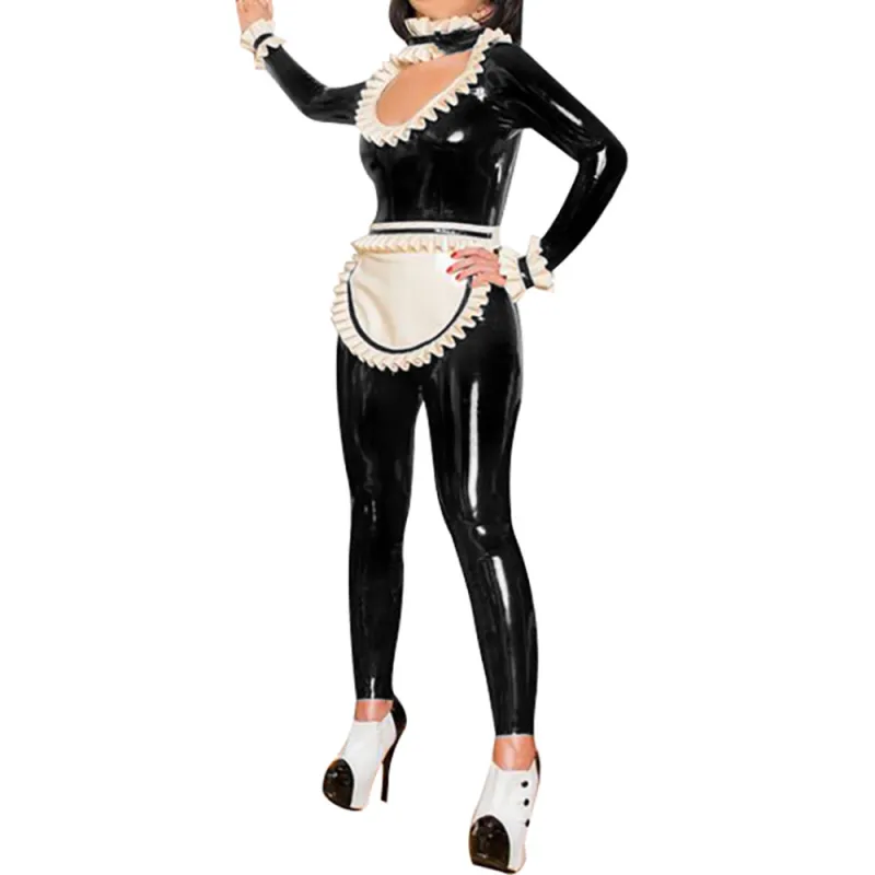 Sexy Clubwear Hollow Out Ruffles Neck Maid Jumpsuit with Apron Womens Mens Shiny PVC French Maid Uniforms Exotic Cosplay Costume