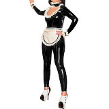 Sexy Clubwear Hollow Out Ruffles Neck Maid Jumpsuit with Apron Womens Mens Shiny PVC French Maid Uniforms Exotic Cosplay Costume