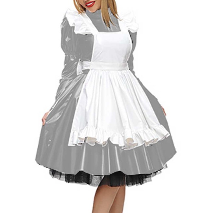 19 Colors Matte Maid Dress High Neck Long Sleeve Vestido Gothic Tutu Dress Lady A-line Pleated Dress Vintage Cosplay Uniform