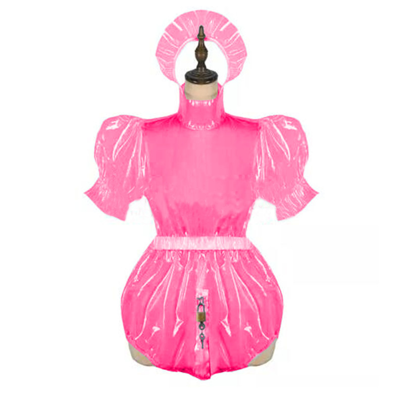 Clear Plastic Sissy Lockable Romper Shiny Leather Maid Bodysuit See through PVC Crossdressing Plus Size French Miad Playsuit