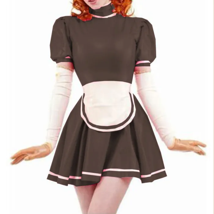 Sexy Sissy PVC French Maid Dress Sweet Wind Puff sleeves Lolita Dress With Apron Wet look PVC Leather Maid Uniform Custom 7XL