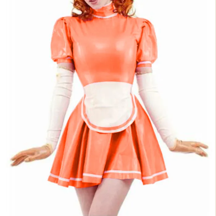 Sexy Sissy PVC French Maid Dress Sweet Wind Puff sleeves Lolita Dress With Apron Wet look PVC Leather Maid Uniform Custom 7XL