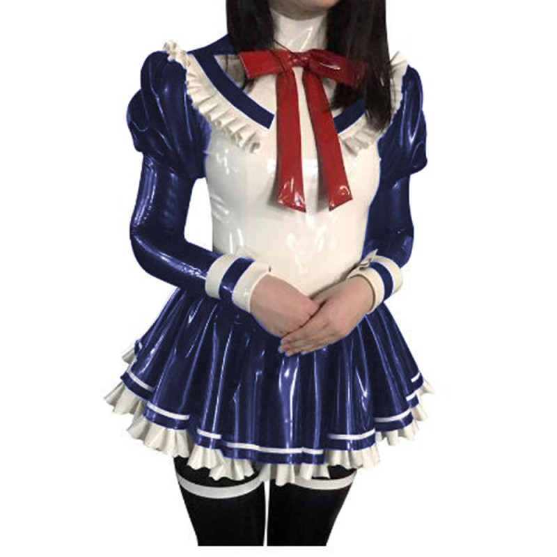 Sexy Faux Latex French Maid Dress Long Puffs Sleeves Ruffles Bows PVC Uniform Outfit Sweet Cosplay A-line Mini Dress Clubwear