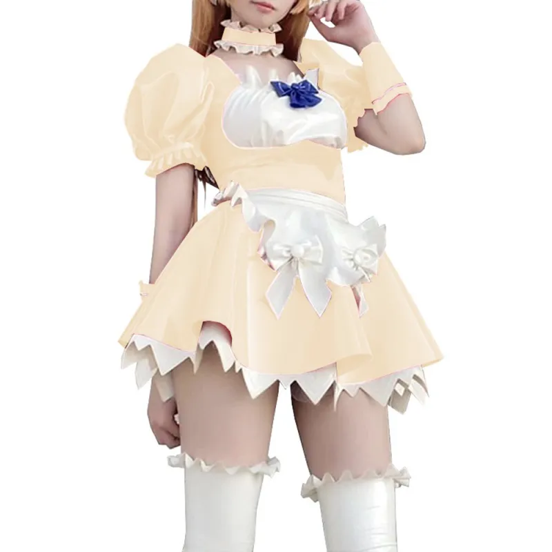 Men Women French Maid Cosplay Costume Lolia Sissy Maid Costume PVC Short Puff Sleeve Anime Crossdresser Gay Halloween Costumes