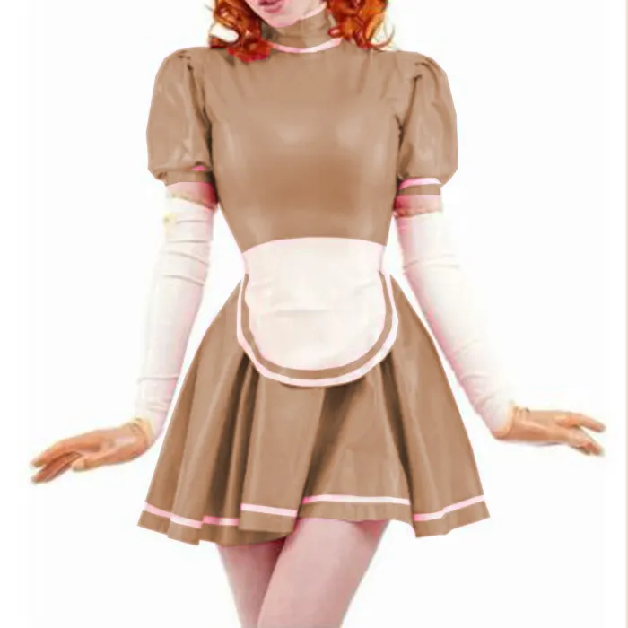 Sexy Sissy PVC French Maid Dress Sweet Wind Puff sleeves Lolita Dress With Apron Wet look PVC Leather Maid Uniform Custom 7XL