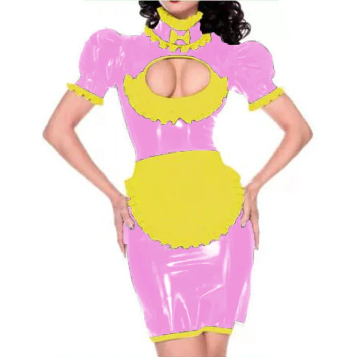 Maid outfit Sweet Lolita Women Leather PVC Gothic Dress Puff Sleeve Bodycon Mini Dress Elegant Ladies Workwear Dress plus size