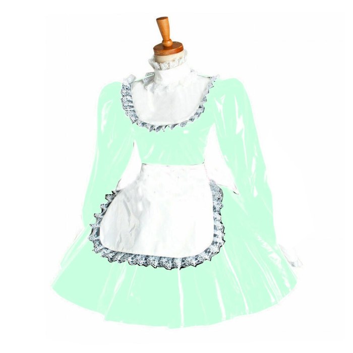 Plus Size Puff Sleeve Maid Cosplay Dress Ladies Lolita PVC Wetlook Apron Dress