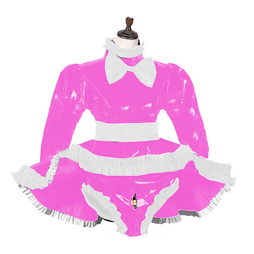 Long Sleeve Sissy Dress PVC Bow Pant Dress Lockable French Maid Outfit Shiny Lolita Cosplay Crossdresser Plus Size S-7XL