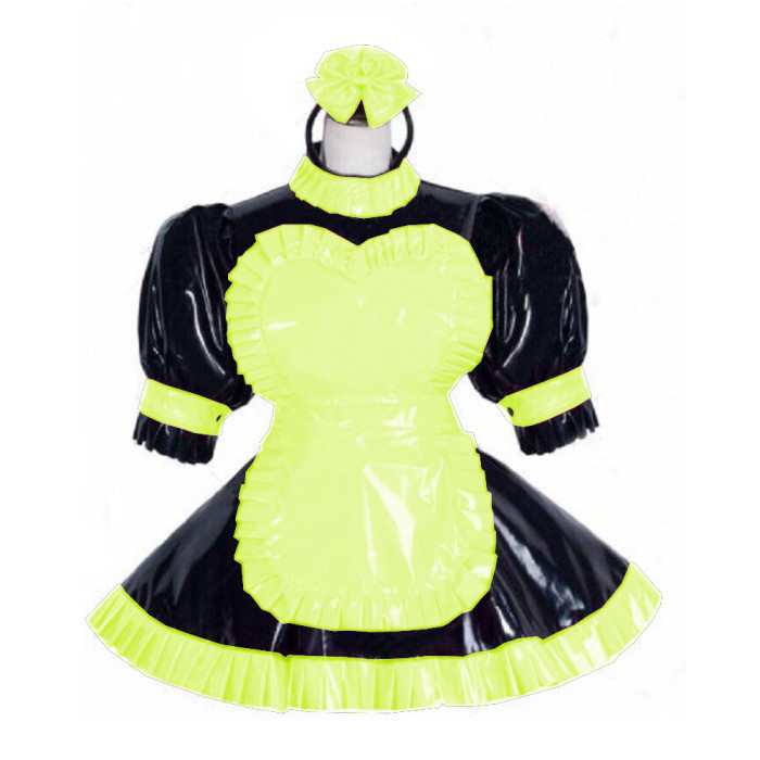 Fantasy Sissy Lockable Maid Uniforms Sweet Heart Apron Headband Fluffy Puff Sleeve Mini Maid Dress Shiny PVC Cosplay Costume