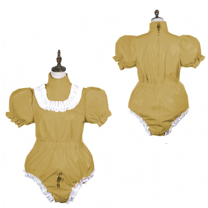 Sissy Bodysuit Shiny PVC Lolita Puff Short Sleeve Maid Cosplay Costume Vinyl Maid Dress Lockable Gothic Jumpsit  Plus Size 7XL