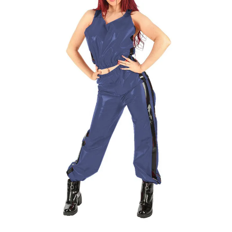 2 Piece Pants Sets Outfits PVC Sweatshirt Sports Pants Spliced Loose Casual Pants Club Streetwear Unisex Tank Top and Long Pants