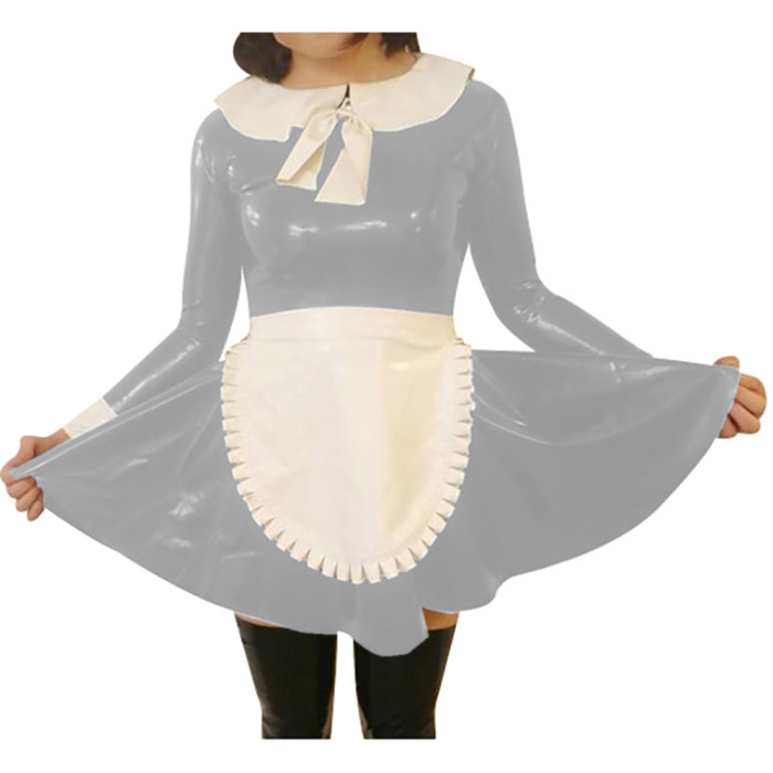 Halloween Party French Maid Dress with Apron Frills Sweet Peter Pan Collar A-line PVC Leather Maid Outfits Sissy Cosplay Costume