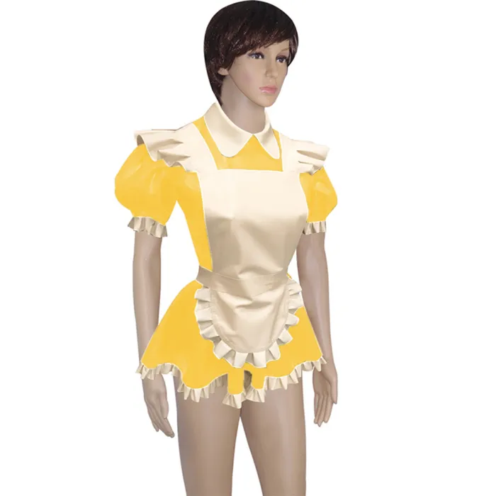 Mens Lockable Short Sleeve Turn-down Collar Maid Uniforms Sissy Glossy PVC Leather Maid Cosplay Costume Outfit Dress with Apron