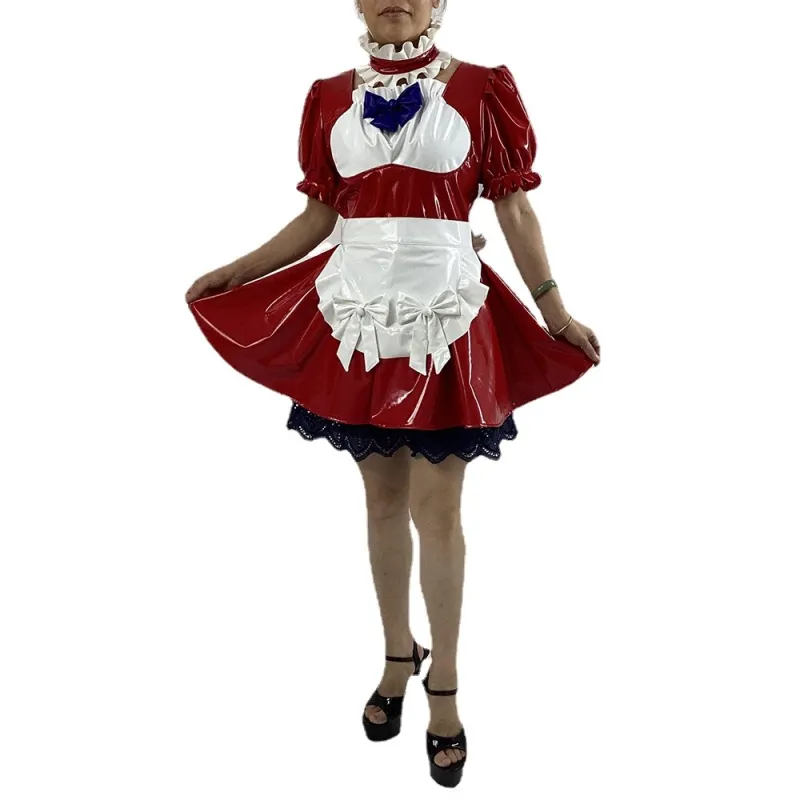 Men Women French Maid Cosplay Costume Lolia Sissy Maid Costume PVC Short Puff Sleeve Anime Crossdresser Gay Halloween Costumes
