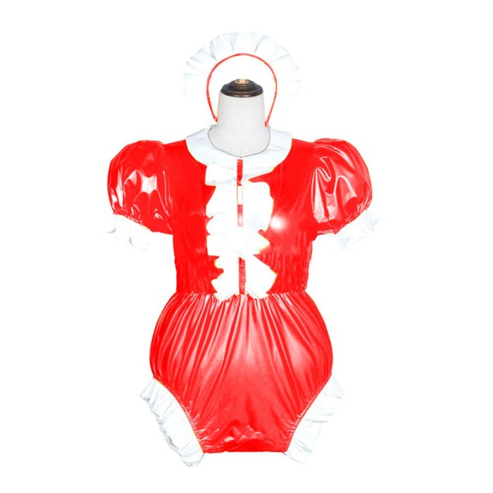 23 Colors Puff Short Sleeve Maid Cosplay Costume Sexy Wetlook PVC