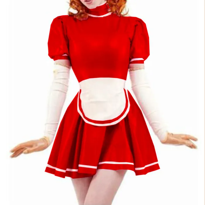 Sexy Sissy PVC French Maid Dress Sweet Wind Puff sleeves Lolita Dress With Apron Wet look PVC Leather Maid Uniform Custom 7XL