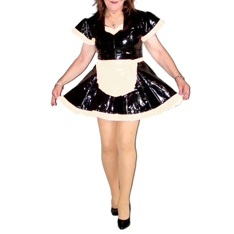 Wet Look French Maid Dress Short Sleeve Deep V Neck Sexy PVC Leather Maid Mini Dress With Apron Sissy Costumes Sexi Night Dress