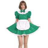 Womens Maid Sexy Costumes Plus Size Sissy Maid Cosplay PVC French Maid Uniform Outfit Ruffled Puff Sleeve Fancy Dress with Apron