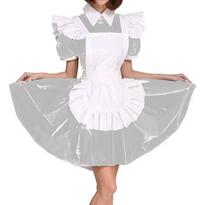 Plus Size Exotic Maid Cosplay PVC Uniform Women Wet Look Short Puff Sleeve Mini Dress French Maid Costume Lolita Apron Dress