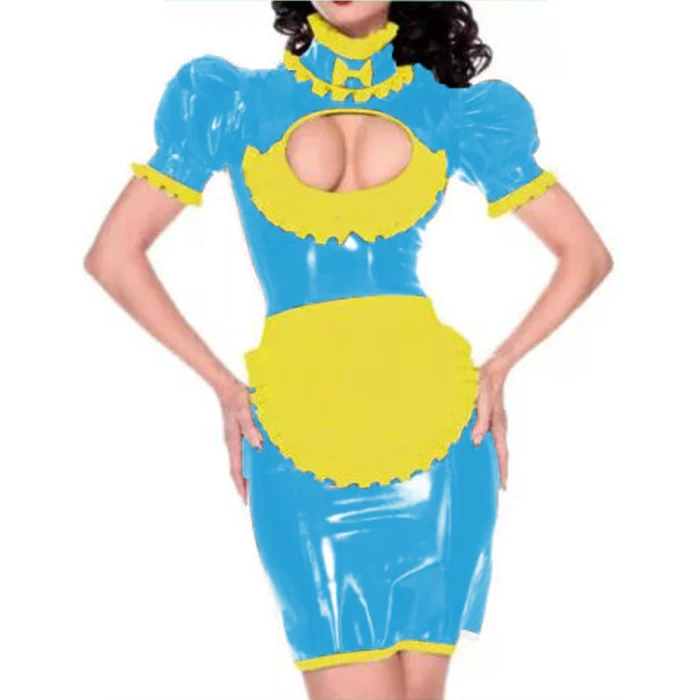 Maid outfit Sweet Lolita Women Leather PVC Gothic Dress Puff Sleeve Bodycon Mini Dress Elegant Ladies Workwear Dress plus size