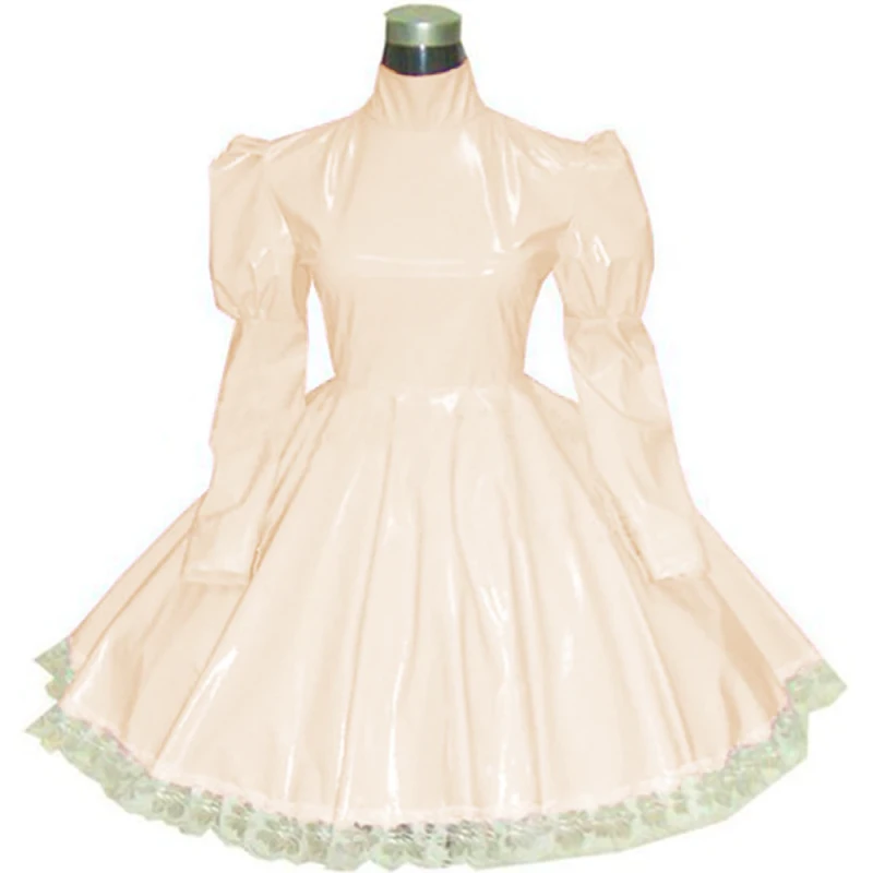 Lolita punk pink PVC Maid Cosplay Fancy Dress Clubwear Long Sleeve Gothic Dress Sexy Sissy French Maid PVC Dress Uniform