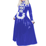 Sexy Maid Costumes Lace Tirmming Long Dress Sissy PVC Long Sleeve Lockable Stand Neck Dress Maid Uniform Dress Cosplay Fetish