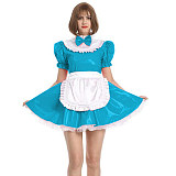 Womens Maid Sexy Costumes Plus Size Sissy Maid Cosplay PVC French Maid Uniform Outfit Ruffled Puff Sleeve Fancy Dress with Apron