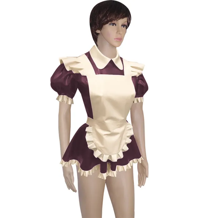 Mens Lockable Short Sleeve Turn-down Collar Maid Uniforms Sissy Glossy PVC Leather Maid Cosplay Costume Outfit Dress with Apron