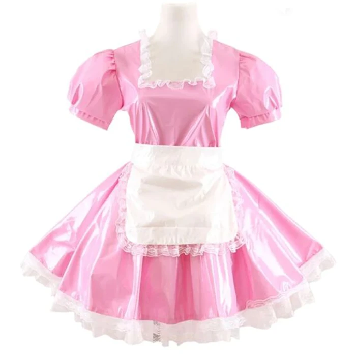 Women Adults Sissy Cosplay Costume Square Neck Lace Dress with Apron Lolita PVC Short Sleeve A-line Mini Maid Pleated Dress