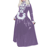 Sexy Maid Costumes Lace Tirmming Long Dress Sissy PVC Long Sleeve Lockable Stand Neck Dress Maid Uniform Dress Cosplay Fetish