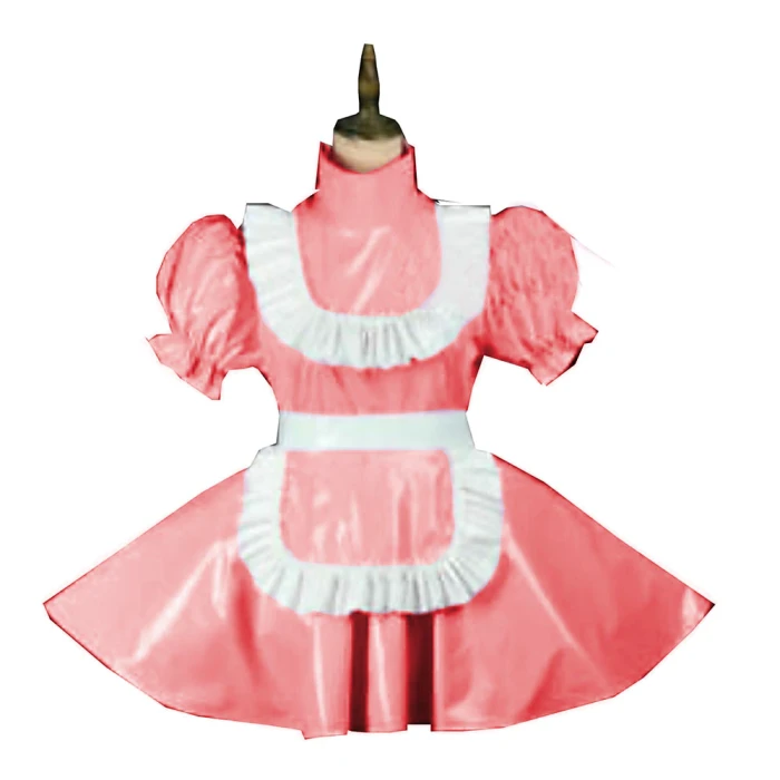 Plus Size Vintage Puff Short Sleeve Maid Dress Retro High Neck PVC Glossy Lady Lolita Mini Pleated Dress Cosplay Party Uniform