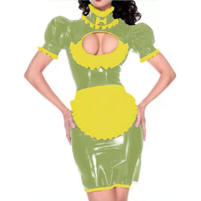 Maid outfit Sweet Lolita Women Leather PVC Gothic Dress Puff Sleeve Bodycon Mini Dress Elegant Ladies Workwear Dress plus size