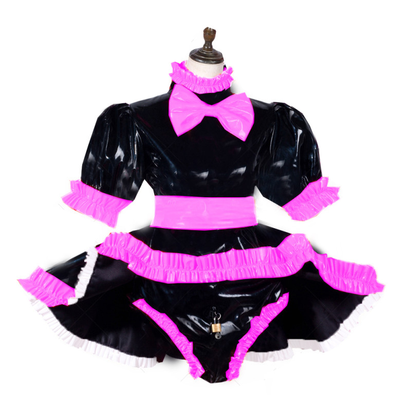Lockable Sissy Maid Dress Plus Size Lolita PVC Maid Cosume with Bow PVC Crossdressing Fetish Wear Sissy Dress