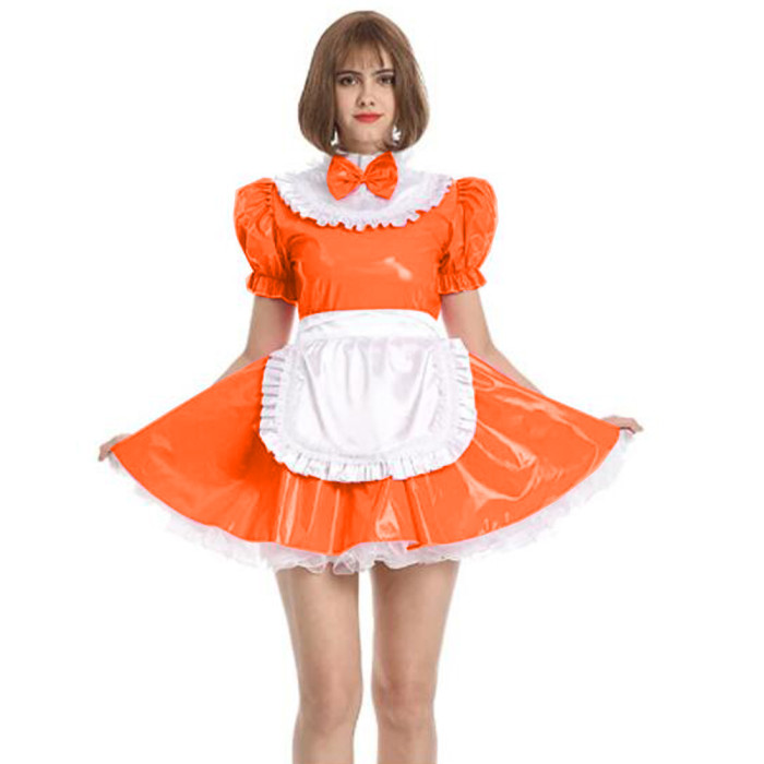 Womens Maid Sexy Costumes Plus Size Sissy Maid Cosplay PVC French Maid Uniform Outfit Ruffled Puff Sleeve Fancy Dress with Apron