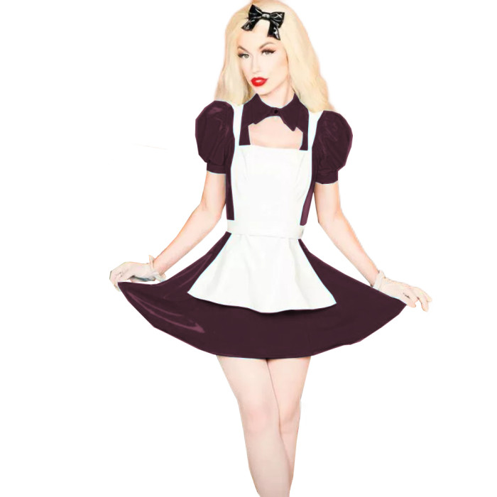Shiny PVC Lolita 3Pcs Maid Uniforms Puff Short Sleeve Jacket Sleeveless Mini Dress Lace-up Apron Sweet Maid Cosplay Costume