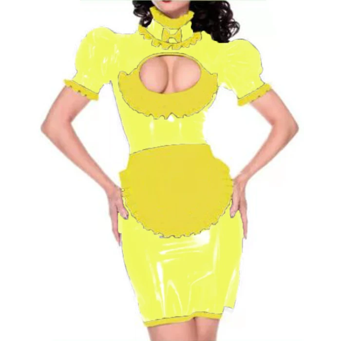 Maid outfit Sweet Lolita Women Leather PVC Gothic Dress Puff Sleeve Bodycon Mini Dress Elegant Ladies Workwear Dress plus size