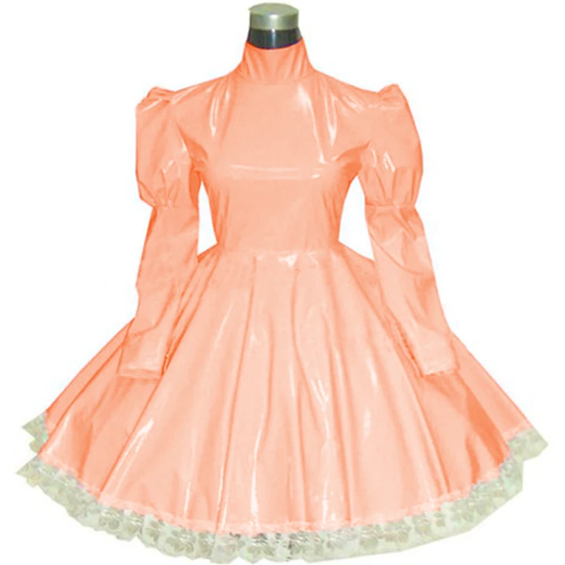 Lolita punk pink PVC Maid Cosplay Fancy Dress Clubwear Long Sleeve Gothic Dress Sexy Sissy French Maid PVC Dress Uniform