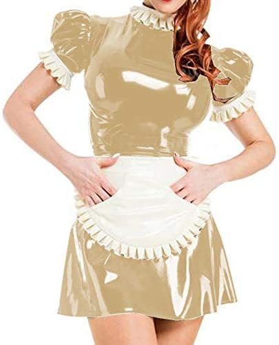 Plus Size Puff Short Sleeve Maid Uniform Lady PVC Maid Mini Dress