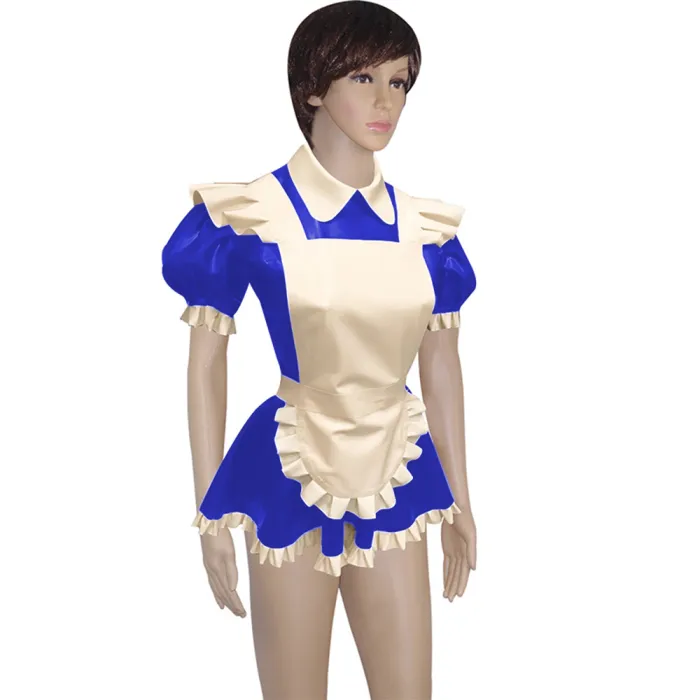 Mens Lockable Short Sleeve Turn-down Collar Maid Uniforms Sissy Glossy PVC Leather Maid Cosplay Costume Outfit Dress with Apron