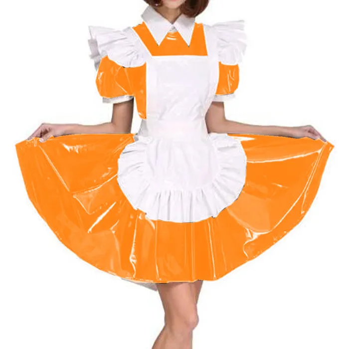 Plus Size Exotic Maid Cosplay PVC Uniform Women Wet Look Short Puff Sleeve Mini Dress French Maid Costume Lolita Apron Dress