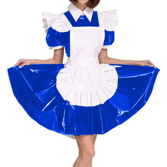 Plus Size Exotic Maid Cosplay PVC Uniform Women Wet Look Short Puff Sleeve Mini Dress French Maid Costume Lolita Apron Dress