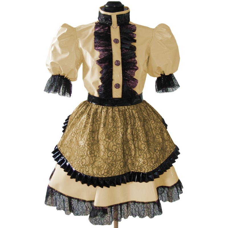 Gothic Black Lace Lockable Maid Uniforms Sissy High Neck Short Sleeve Lolita Apron Maid Dress Halloween Cosplay Fancy Dress Suit