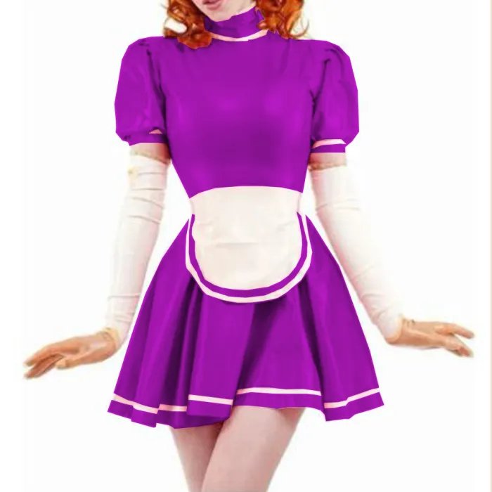Sexy Sissy PVC French Maid Dress Sweet Wind Puff sleeves Lolita Dress With Apron Wet look PVC Leather Maid Uniform Custom 7XL