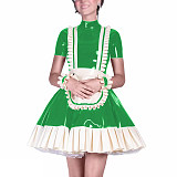 Halloween Maid Cosplay Costumes Ruffles Sissy Short Sleeve Lolita Dress Outfits Wet Look Mock Neck A-line Pleated Maid Uniform