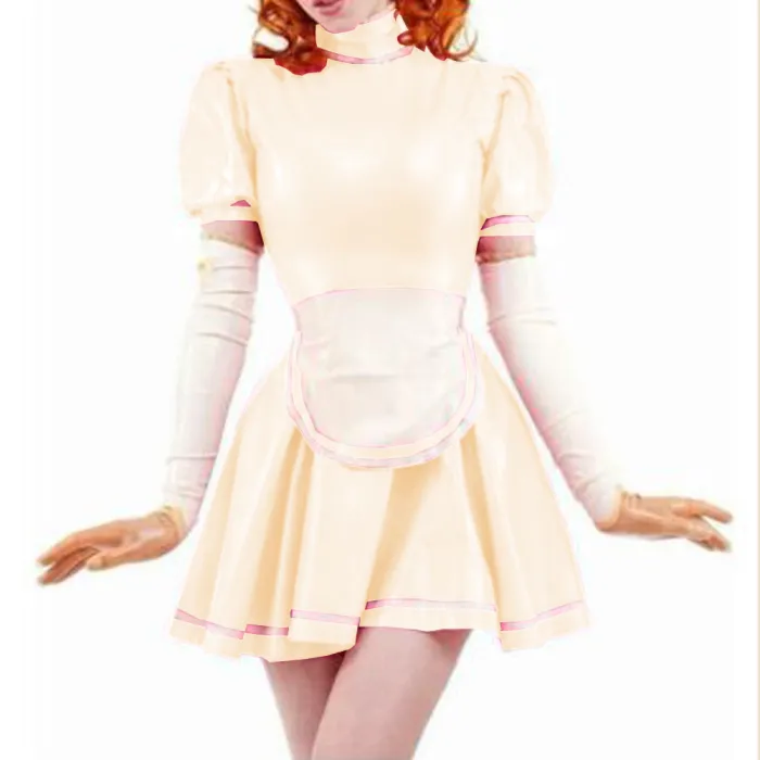 Sexy Sissy PVC French Maid Dress Sweet Wind Puff sleeves Lolita Dress With Apron Wet look PVC Leather Maid Uniform Custom 7XL