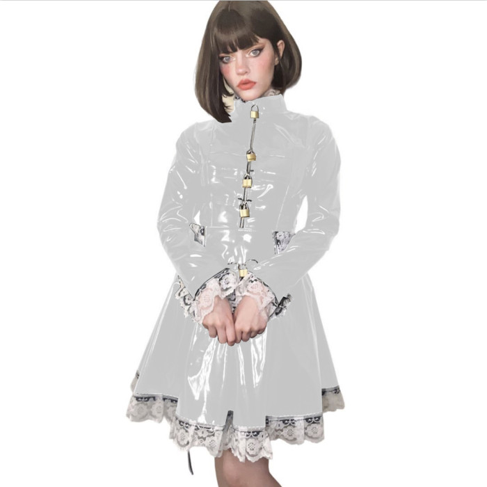 PVC Leather Cosplay Lolita Lace Maid Costumes Lockable Long Sleeve Pleated A-line Mini Maid Dress French Apron Servant Uniforms
