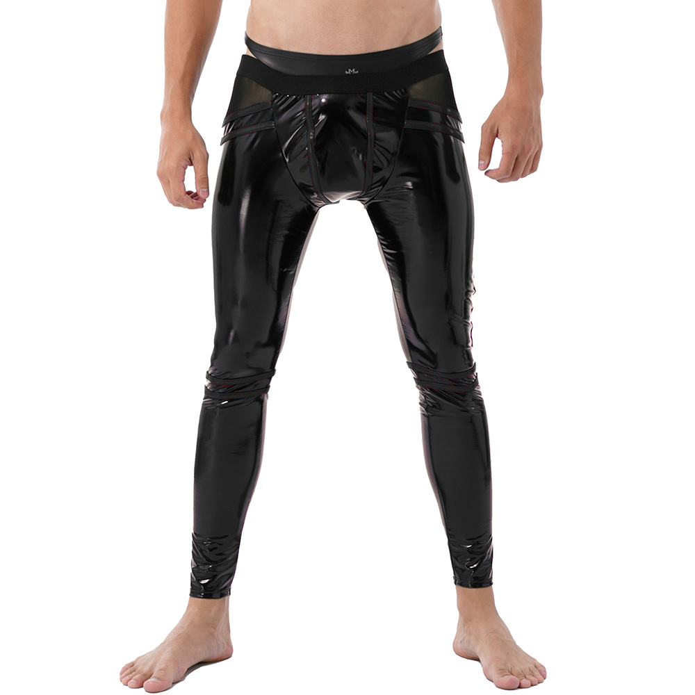 Mens Punk Belt Elasticated Convex Pouch Legging PVC Faux Leather Glossy  Splicing Pencil Pants Sexy Gay Naked Hip Erotic Trousers