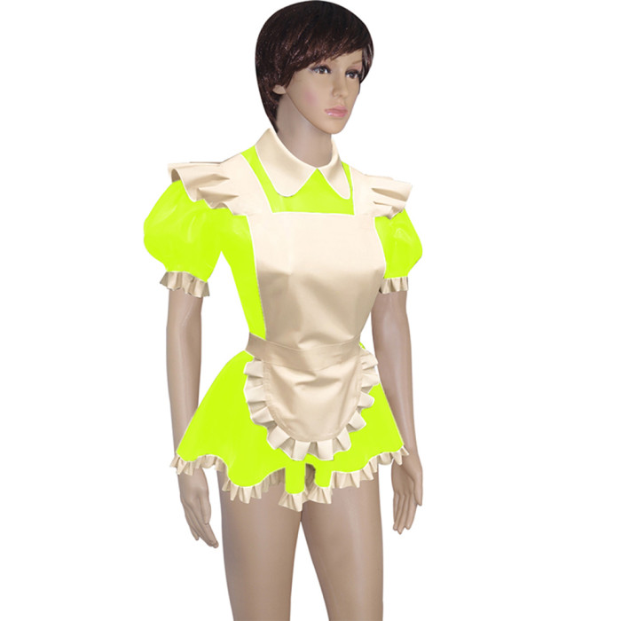 Mens Lockable Short Sleeve Turn-down Collar Maid Uniforms Sissy Glossy PVC Leather Maid Cosplay Costume Outfit Dress with Apron